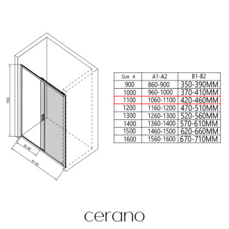 CERANO - Sprchovací kút Varone LINE Ľ/P - 6 mm - čierna matná, mliečne sklo - 110x100 cm - posuvný