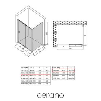 CERANO - Sprchovací kút Varone LINE Ľ/P - 6 mm - čierna matná, mliečne sklo - 110x70 cm - posuvný