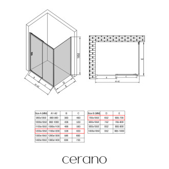 CERANO - Sprchovací kút Varone LINE Ľ/P - 6 mm - čierna matná, mliečne sklo - 120x70 cm - posuvný