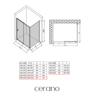 CERANO - Sprchovací kút Varone LINE Ľ/P - 6 mm - čierna matná, mliečne sklo - 140x100 cm - posuvný
