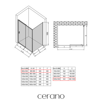 CERANO - Sprchovací kút Varone LINE Ľ/P - 6 mm - čierna matná, mliečne sklo - 90x100 cm - posuvný