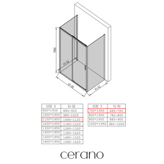 CERANO - Trostenný sprchovací kút Varone LINE UL/P - 6 mm - čierna matná, mliečne sklo - 110x70 cm - posuvný