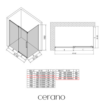 CERANO - Sprchovací kút Lantono - ľavá - 8 mm - Soft-Close - čierna matná, mliečne sklo - 120x100 cm - posuvný