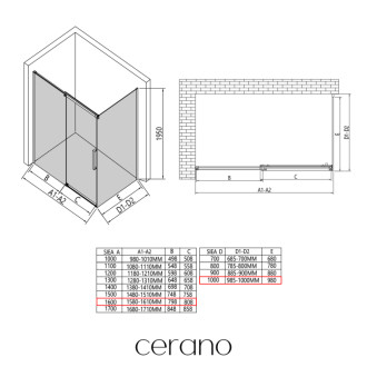 CERANO - Sprchovací kút Lantono - ľavá - 8 mm - Soft-Close - čierna matná, mliečne sklo - 160x100 cm - posuvný