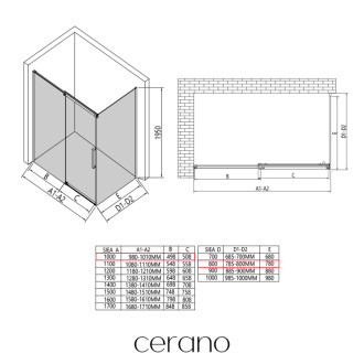 CERANO - Sprchovací kút Lantono - pravá - 8 mm - Soft-Close - čierna matná, mliečne sklo - 100x80 cm - posuvný