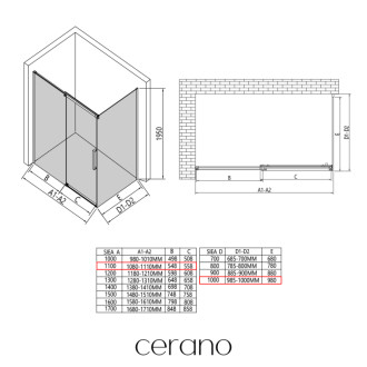 CERANO - Sprchovací kút Lantono - pravá - 8 mm - Soft-Close - čierna matná, mliečne sklo - 110x100 cm - posuvný