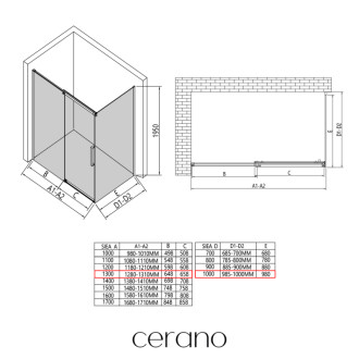 CERANO - Sprchovací kút Lantono - pravá - 8 mm - Soft-Close - čierna matná, mliečne sklo - 130x100 cm - posuvný