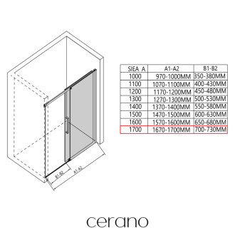CERANO - Sprchovací kút Lantono - pravá - 8 mm - Soft-Close - chróm, mliečne sklo - 170x100 cm - posuvný