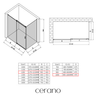 CERANO - Sprchovací kút Santoro - ľavá - 6 mm - čierna matná, mliečne sklo - 120x100 cm - posuvný