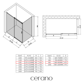 CERANO - Sprchovací kút Santoro - ľavá - 6 mm - čierna matná, mliečne sklo - 120x90 cm - posuvný
