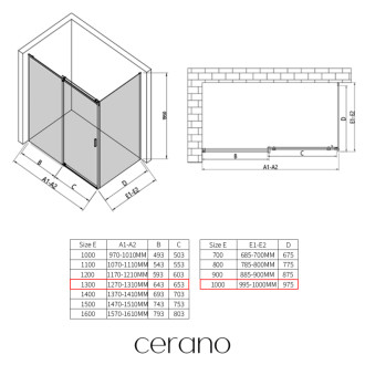 CERANO - Sprchovací kút Santoro - ľavá - 6 mm - čierna matná, mliečne sklo - 130x100 cm - posuvný