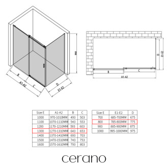CERANO - Sprchovací kút Santoro - ľavá - 6 mm - čierna matná, mliečne sklo - 130x80 cm - posuvný