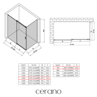 CERANO - Sprchovací kút Santoro - pravá - 6 mm - čierna matná, mliečne sklo - 140x70 cm - posuvný