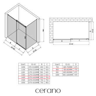 CERANO - Sprchovací kút Santoro - pravá - 6 mm - čierna matná, mliečne sklo - 140x80 cm - posuvný