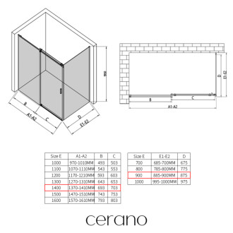 CERANO - Sprchovací kút Santoro - pravá - 6 mm - čierna matná, mliečne sklo - 140x90 cm - posuvný