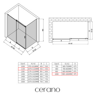 CERANO - Sprchovací kút Santoro - pravá - 6 mm - chróm, mliečne sklo - 110x100 cm - posuvný