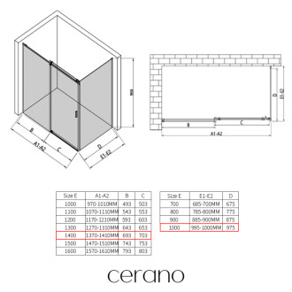 CERANO - Sprchovací kút Santoro - pravá - 6 mm - chróm, mliečne sklo - 140x100 cm - posuvný