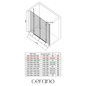 CERANO - Sprchové 2-krídlové pántové dvere Marino L/P - 6 mm - čierna matná, transparentné sklo - 100x90x190 cm