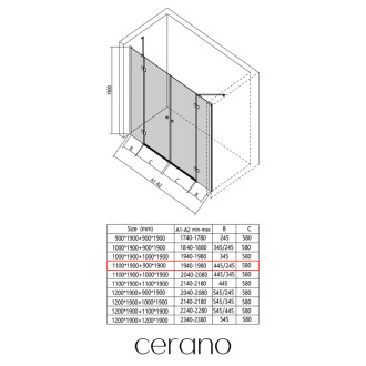 CERANO - Sprchové 2-krídlové pántové dvere Marino L/P - 6 mm - čierna matná, transparentné sklo - 110x90x190 cm