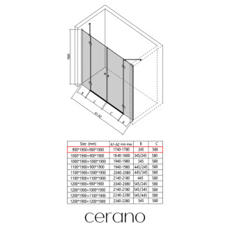 CERANO - Sprchové 2-krídlové pántové dvere Marino L/P - 6 mm - čierna matná, transparentné sklo - 90x90x190 cm
