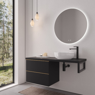 CERANO - Doska pod umývadlo Navira Pro - 121x46,5x3,6 cm - skrinka Velora 59 cm - čierna matná, zlatá úchytka - konzola čierna