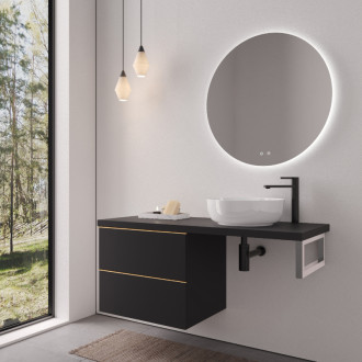 CERANO - Doska pod umývadlo Navira Pro - 121x46,5x3,6 cm - skrinka Velora 59 cm - čierna matná, zlatá úchytka - konzola chróm