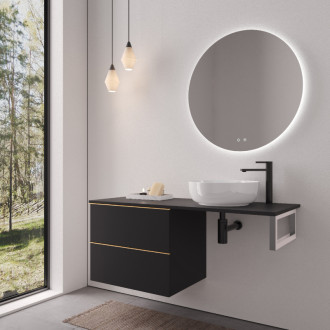 CERANO - Doska pod umývadlo Navira Slim - 121x46,5x1,8 cm - skrinka Velora 59 cm - čierna matná, zlatá úchytka - konzola chróm