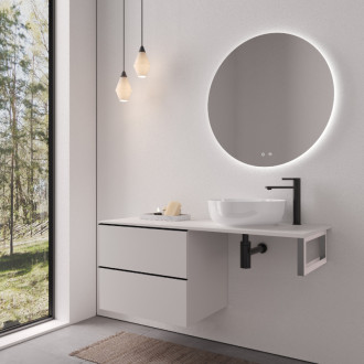 CERANO - Doska pod umývadlo Navira Slim - 141x46,5x3,6 cm - skrinka Velora 69 cm - biela matná, čierna úchytka - konzola chróm