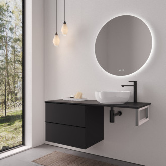 CERANO - Doska pod umývadlo Navira Slim - 141x46,5x3,6 cm - skrinka Velora 69 cm - čierna matná, čierna úchytka - konzola chróm