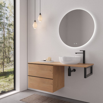 CERANO - Doska pod umývadlo Navira Slim - 141x46,5x3,6 cm - skrinka Velora 69 cm - dub medový, čierna úchytka - konzola čierna