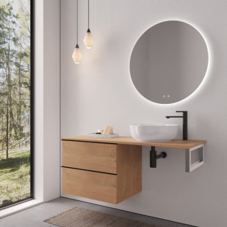 CERANO - Doska pod umývadlo Navira Slim - 141x46,5x3,6 cm - skrinka Velora 69 cm - dub medový, čierna úchytka - konzola chróm