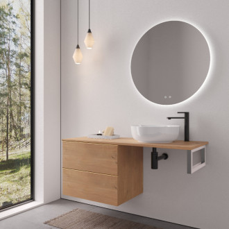 CERANO - Doska pod umývadlo Navira Slim - 141x46,5x3,6 cm - skrinka Velora 69 cm - dub medový, zlatá úchytka - konzola chróm