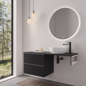 CERANO - Doska pod umývadlo Navira Slim - 161x46,5x3,6 cm - skrinka Velora 79 cm - čierna matná, chrómová úchytka - konzola chróm