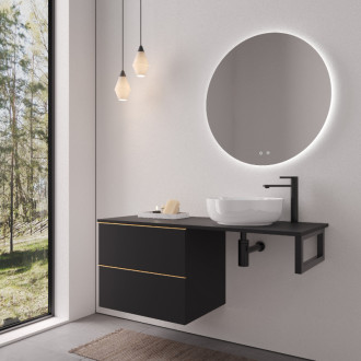 CERANO - Doska pod umývadlo Navira Slim - 161x46,5x3,6 cm - skrinka Velora 79 cm - čierna matná, zlatá úchytka - konzola čierna