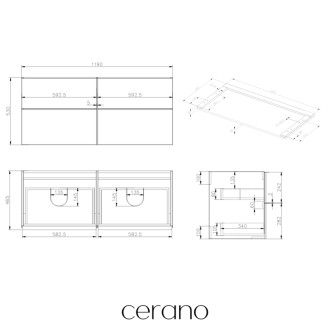 CERANO - Kúpeľňová skrinka pod umývadlo s úchytkou/doskou pod umývadlo Velora - 36 mm - biela matná, čierna úchytka - 119x53x45, 2 cm