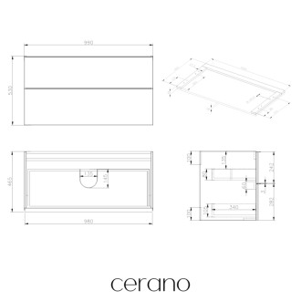 CERANO - Kúpeľňová skrinka pod umývadlo s úchytkou/doskou pod umývadlo Velora - 36 mm - čierna matná, chrómová úchytka - 99x53x46 cm