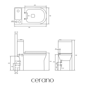 CERANO - WC kombi s umývátkem Hygisink, Rimless + UF sedátko - spodní/zadní odpad - bílá lesklá - 71,5x36 cm
