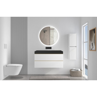 CERANO - Kúpeľňová skrinka Velora - biela matná - úchytka zlatá + umývadlo z liateho mramoru Vita - čierna - 100x53x46 cm