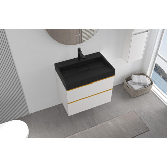 CERANO - Kúpeľňová skrinka Velora - biela matná - úchytka zlatá + umývadlo s otvorom pre batériu z liateho mramoru Vita - čierna - 70x53x46 cm