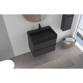 CERANO - Kúpeľňová skrinka Velora - čierna matná - úchytka čierna + umývadlo s otvorom pre batériu z liateho mramoru Vita - čierna - 70x53x46 cm