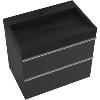 CERANO - Kúpeľňová skrinka Velora - čierna matná - úchytka chróm + umývadlo s otvorom pre batériu z liateho mramoru Vita - čierna - 70x53x46 cm