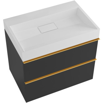 CERANO - Kúpeľňová skrinka Velora - čierna matná - úchytka zlatá + umývadlo z liateho mramoru Vita - biela matná - 70x53x46 cm