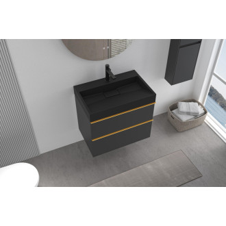 CERANO - Kúpeľňová skrinka Velora - čierna matná - úchytka zlatá + umývadlo s otvorom pre batériu z liateho mramoru Vita - čierna - 70x53x46 cm