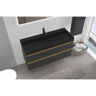 CERANO - Kúpeľňová skrinka Velora - čierna matná - úchytka zlatá + umývadlo s otvorom pre batériu z liateho mramoru Vita - čierna - 100x53x46 cm