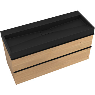 CERANO - Kúpeľňová skrinka Velora - dub medový - úchytka čierna + umývadlo z liateho mramoru Vita - čierna - 100x53x46 cm