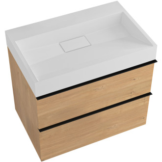 CERANO - Kúpeľňová skrinka Velora - dub medový - úchytka čierna + umývadlo z liateho mramoru Vita - biela lesklá - 70x53x46 cm