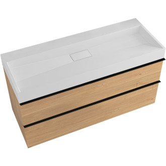 CERANO - Kúpeľňová skrinka Velora - dub medový - úchytka čierna + umývadlo z liateho mramoru Vita - biela lesklá - 100x53x46 cm