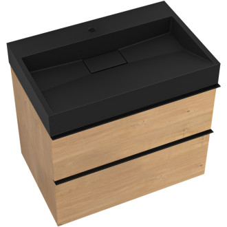 CERANO - Kúpeľňová skrinka Velora - dub medový - úchytka čierna + umývadlo s otvorom pre batériu z liateho mramoru Vita - čierna - 70x53x46 cm