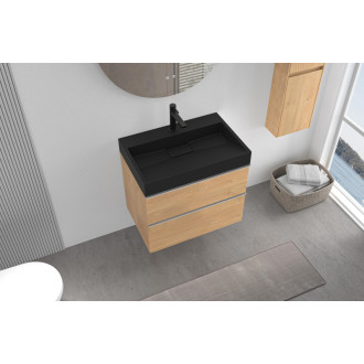 CERANO - Kúpeľňová skrinka Velora - dub medový - úchytka chróm + umývadlo s otvorom pre batériu z liateho mramoru Vita - čierna - 70x53x46 cm