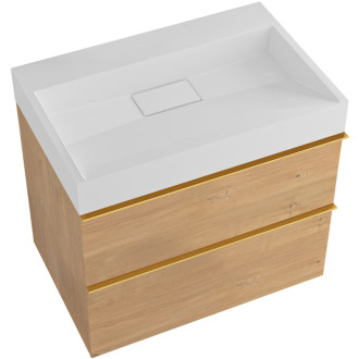 CERANO - Kúpeľňová skrinka Velora - dub medový - úchytka zlatá + umývadlo z liateho mramoru Vita - biela matná - 70x53x46 cm